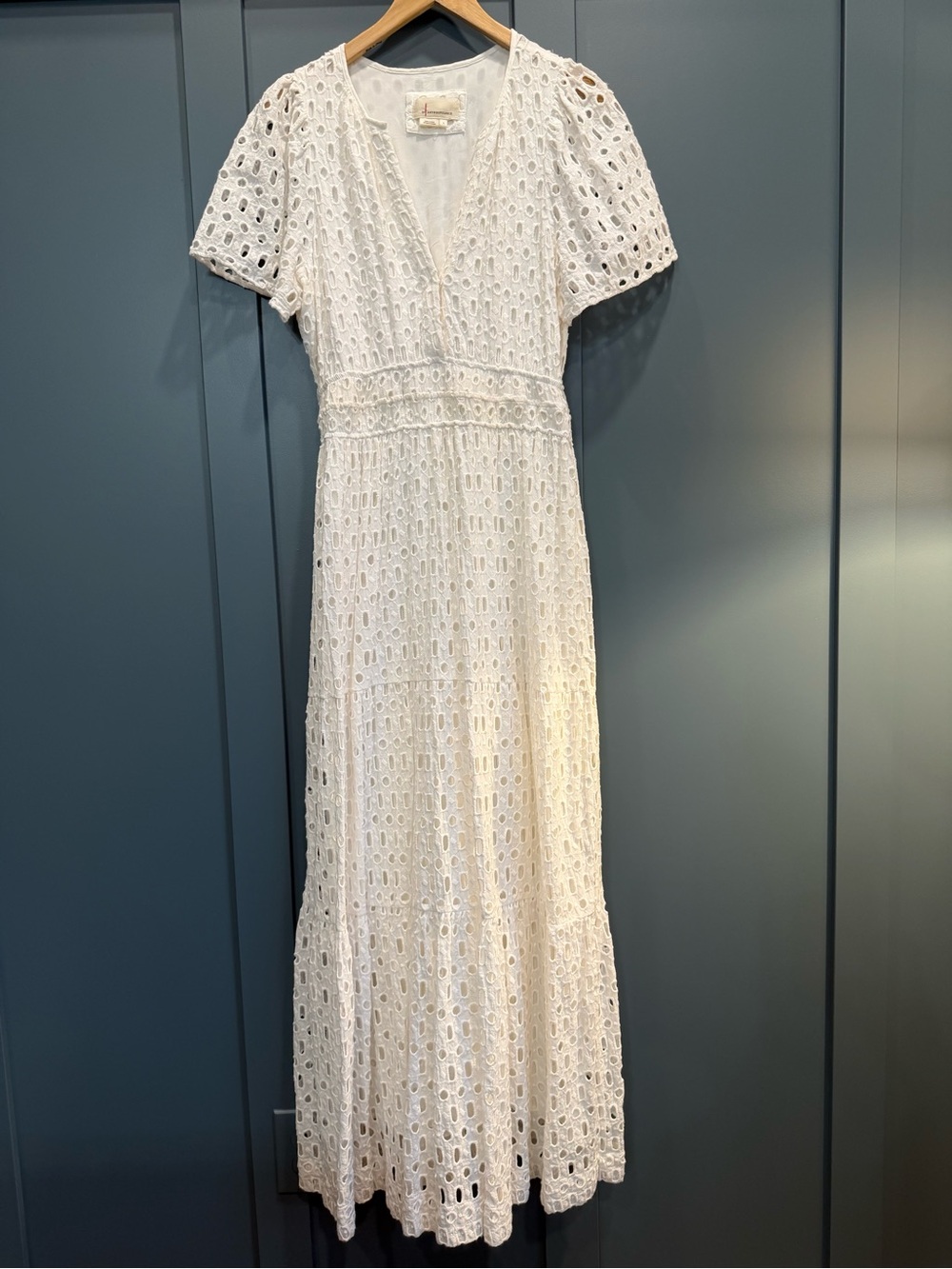 Anthropologie White Eyelet V-Neck Maxi Dress with Short Sleeves